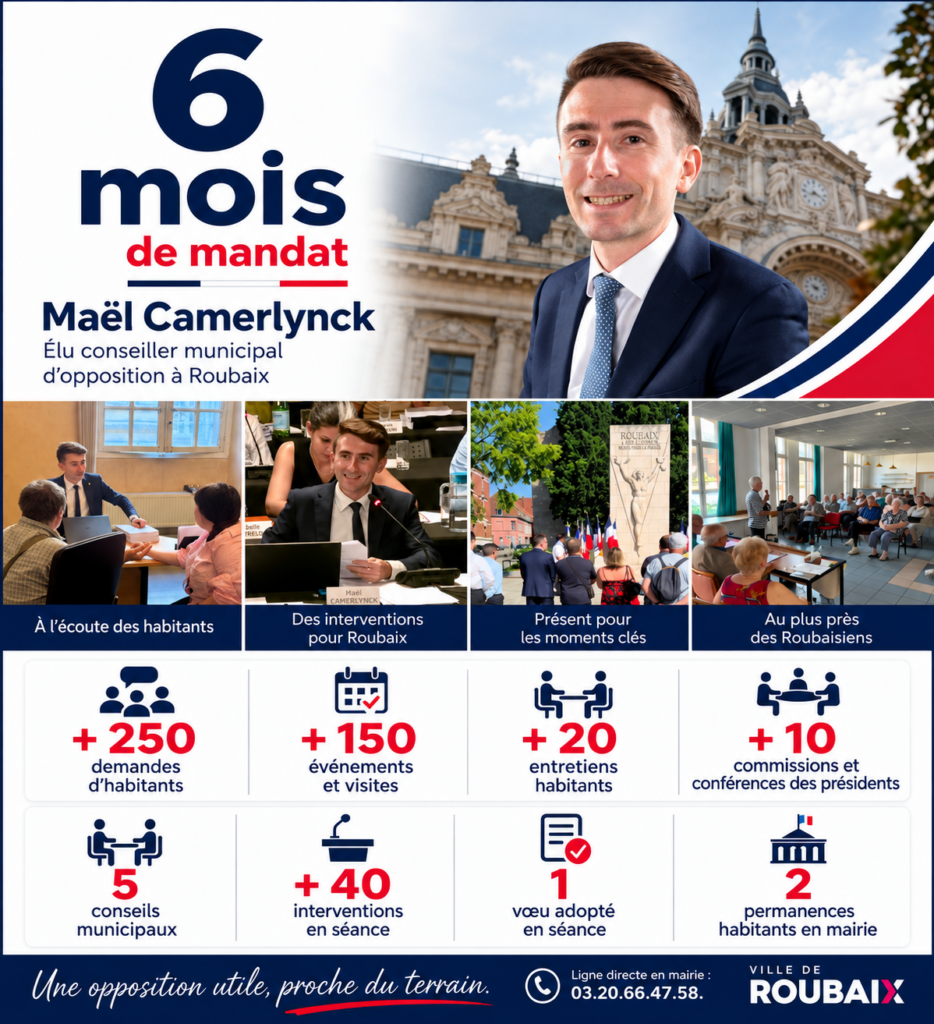 Bilan des 6 mois de mandat de Maël Camerlynck en tant qu'élu conseiller municipal d'opposition à Roubaix